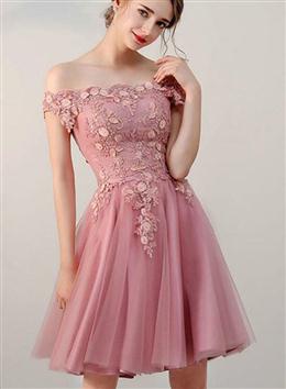 Picture of Pink Off Shoulder Lace Homecoming Dresses, Short Party Dresses